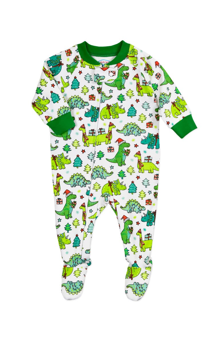 Sara’s Prints Loose Fit Cozy Zip Up Footed Pajama, Main, color, Christmas Dinos
