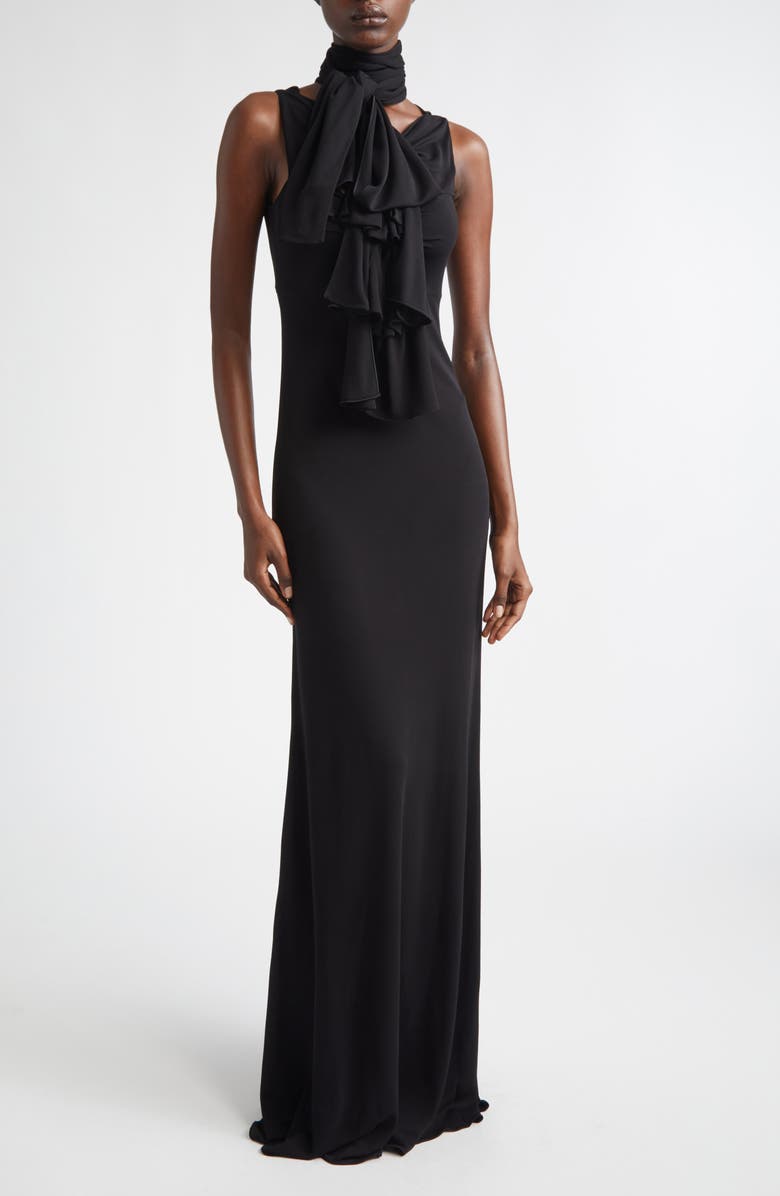 Alaïa Bow Detail Fluid Jersey Dress, Main, color, Noir Alaia