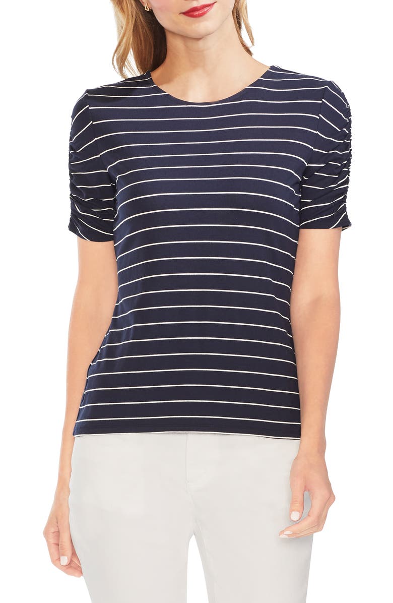 Vince Camuto Stencil Stripe Ruched Sleeve Tee, Main, color,