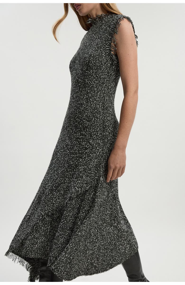 Karen Millen Tweed Yarn Fringe Trim Knitted Dress, Alternate, color, Black