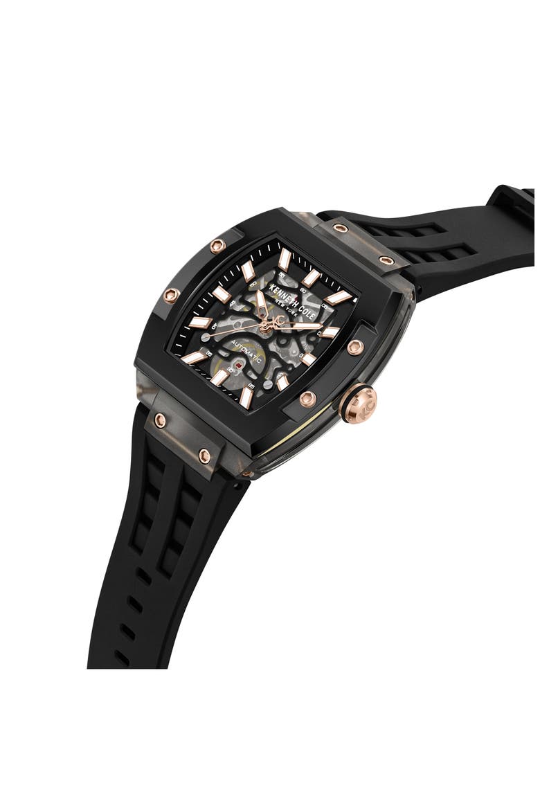 Skeleton Tonneau Automatic Silicone Strap Watch, 41.5mm x 53.5mm, Alternate, color, BLACK