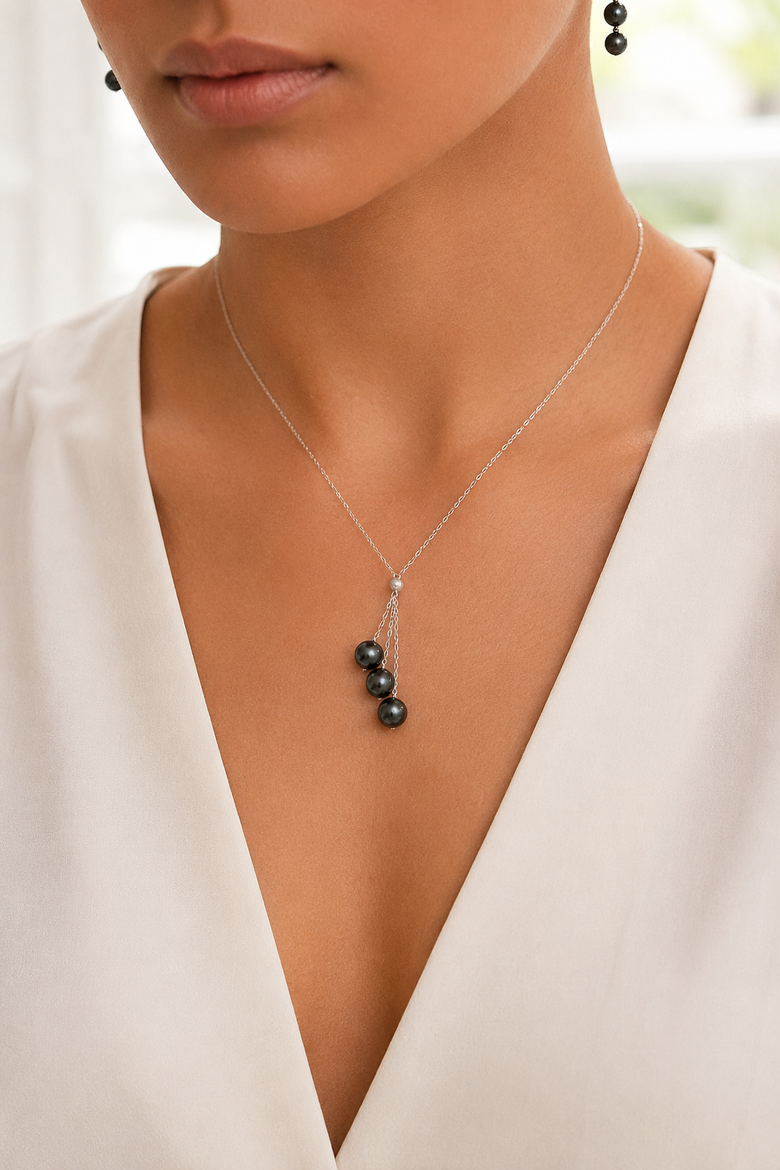 14K Gold Black Japanese Akoya Pearl Tincup Cluster Pendant, Alternate, color, White Gold
