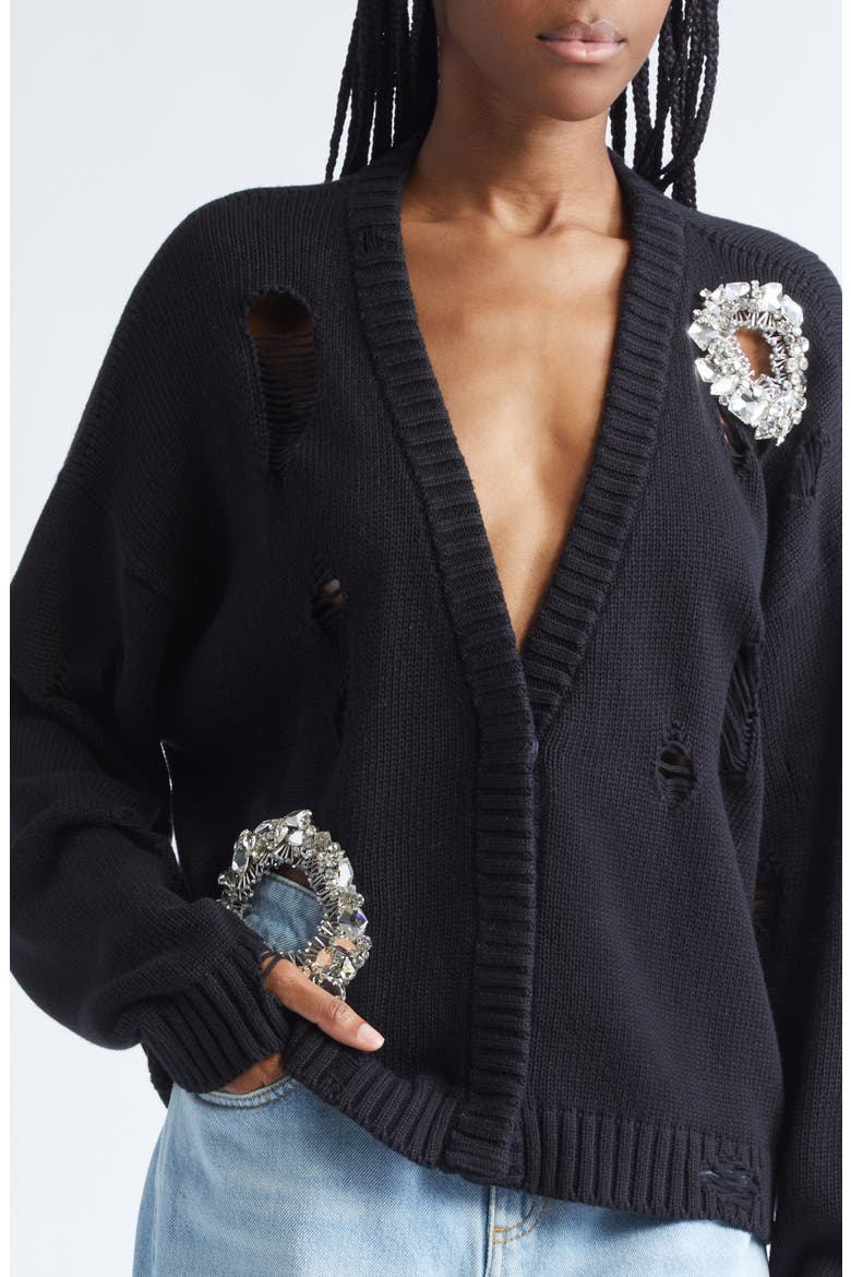 Distressed Crystal Cotton & Cashmere Cardigan, Alternate, color, BLACK