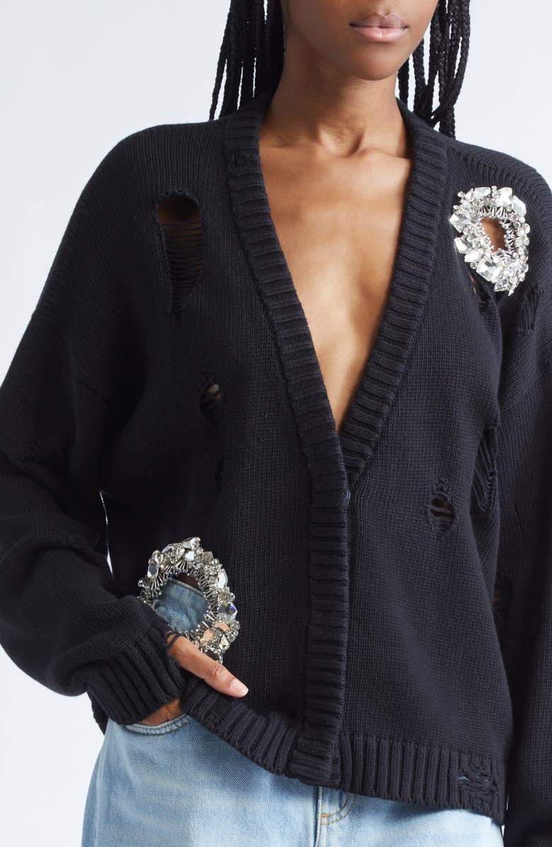 Area Distressed Crystal Cotton & Cashmere Cardigan, Alternate, color, Black