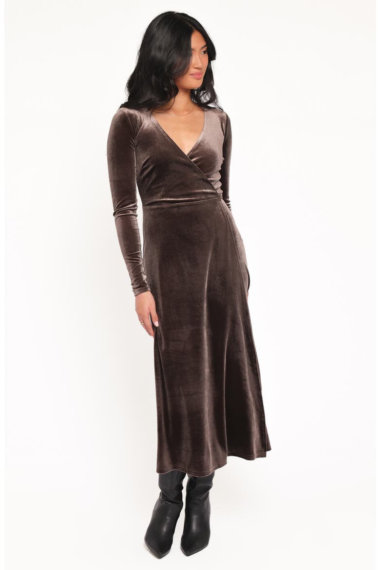Darby Long Sleeve Velvet Midi Wrap Dress, Alternate, color, DARK BROWN