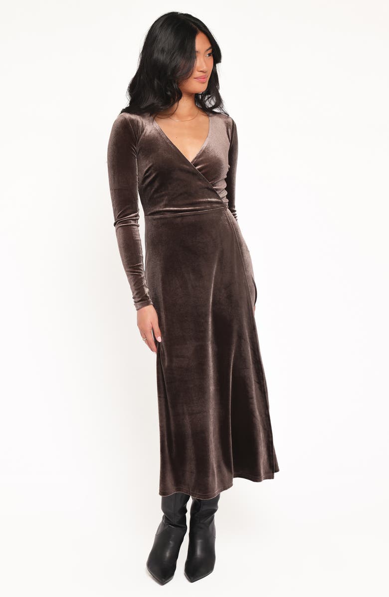 Petal & Pup Darby Long Sleeve Velvet Midi Wrap Dress, Alternate, color, Dark Brown