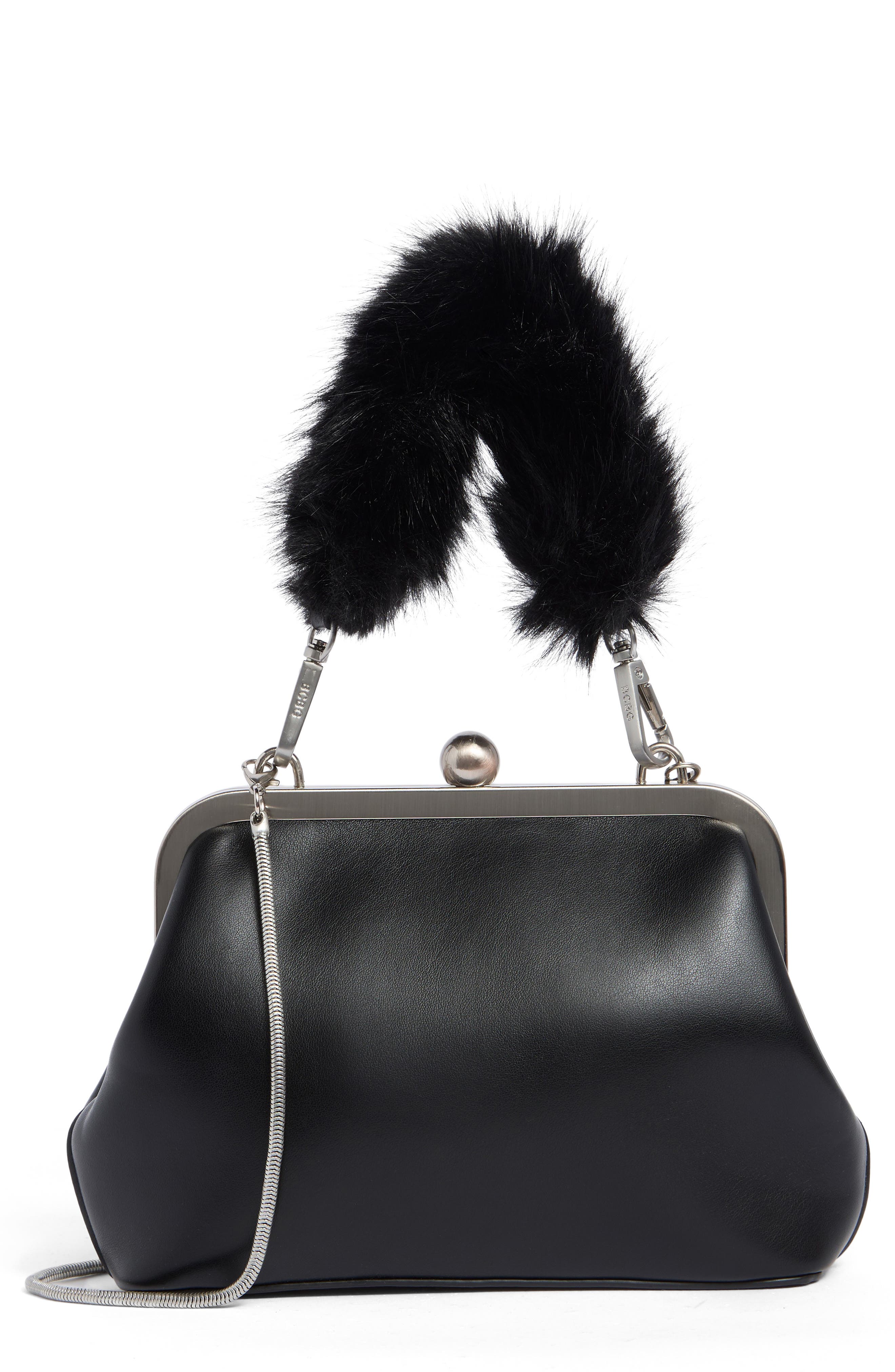 Faux Fur Handle Faux Leather Frame Clutch