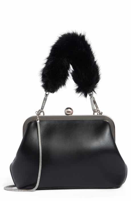 Faux Fur Handle Faux Leather Frame Clutch