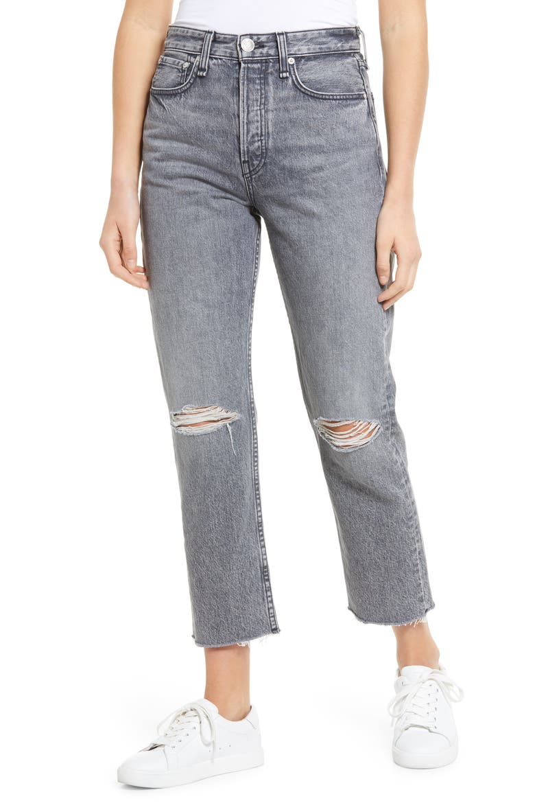 Maya Ripped High Waist Ankle Straight Leg Jeans, Main, color, ZEUS