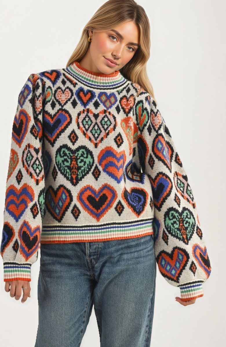 Knit and Lounge Colorful Heart Print Knit Sweater, Main, color, 