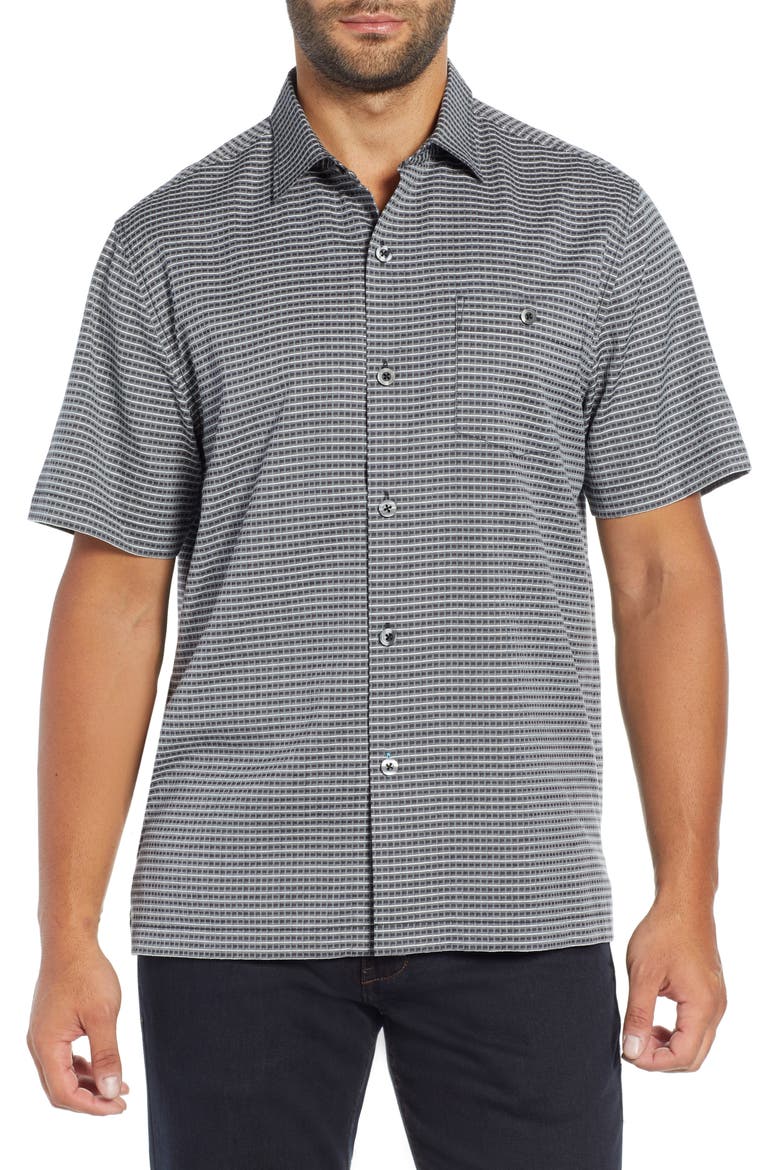 Check in the Tropics Silk & Cotton Camp Shirt, Main, color, BLACK