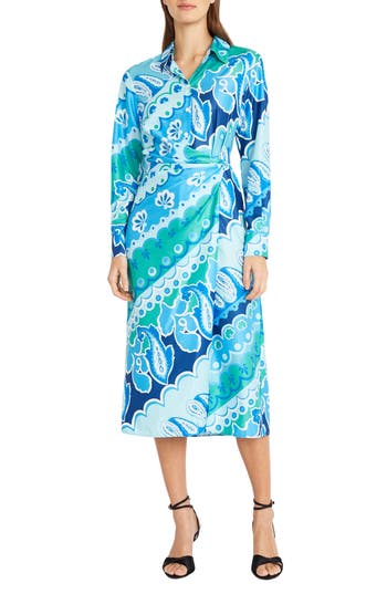 Donna Morgan Long Sleeve Midi Shirtdress In Sky Hawaian Blue
