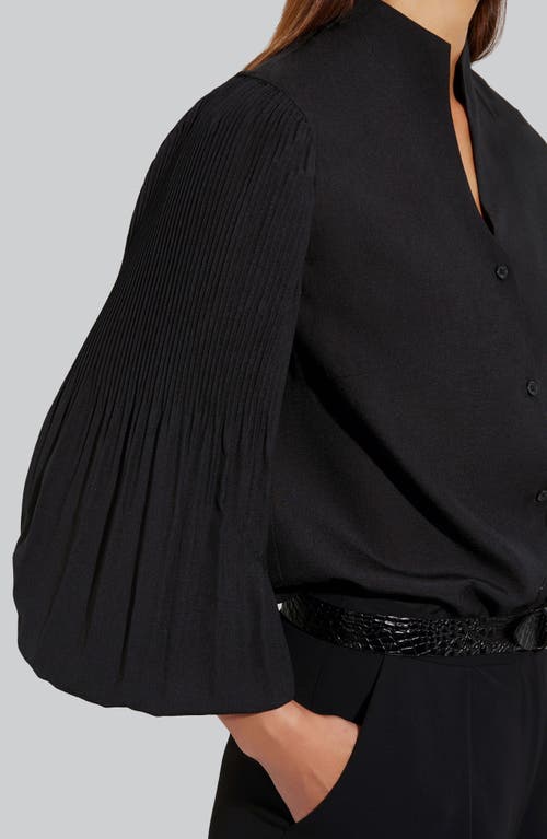 Misook Balloon Sleeve Stand Collar Button-up Shirt In Black