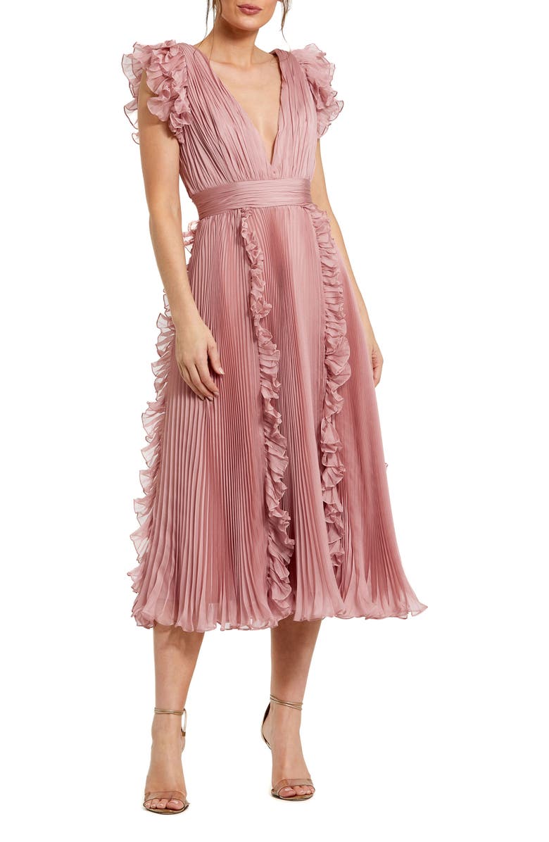 Mac Duggal Chiffon Ruffled Midi Dress with Pleated Detailing, Main, color, Rose