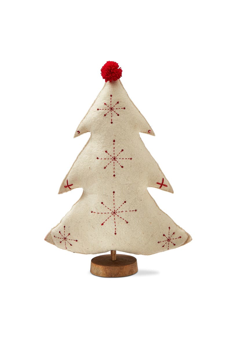 Embroidered Wool Tree Holiday Sculpture White Felt Decor, Main, color, White