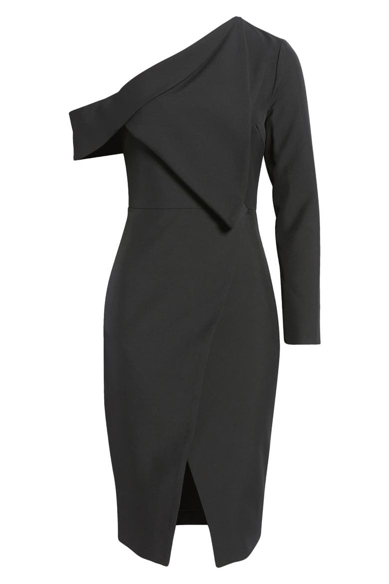 Folded Detail One Shoulder Cocktail Dress, Alternate, color, BLACK