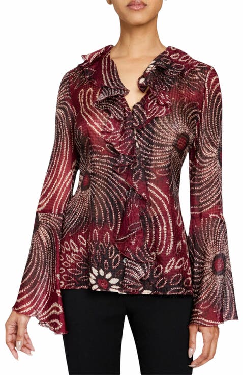 SYDNEY Long Sleeve Button Down Blouse with Ruffles in Silk Modern Gingham Floral Print