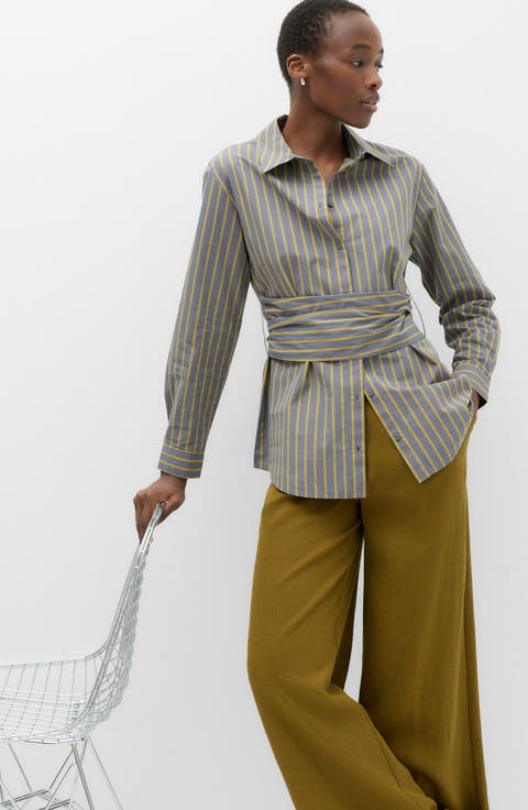 Stripe Tie Waist Button-Up Shirt