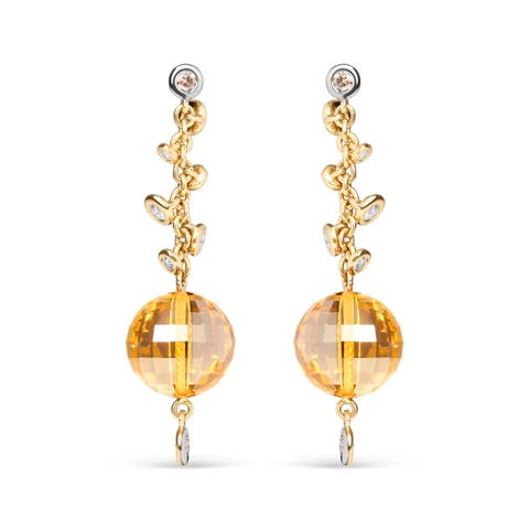 18K Gold 2/3 Cttw Diamond & Ball Shaped Citrine Gemstone Dangle Stud Earring