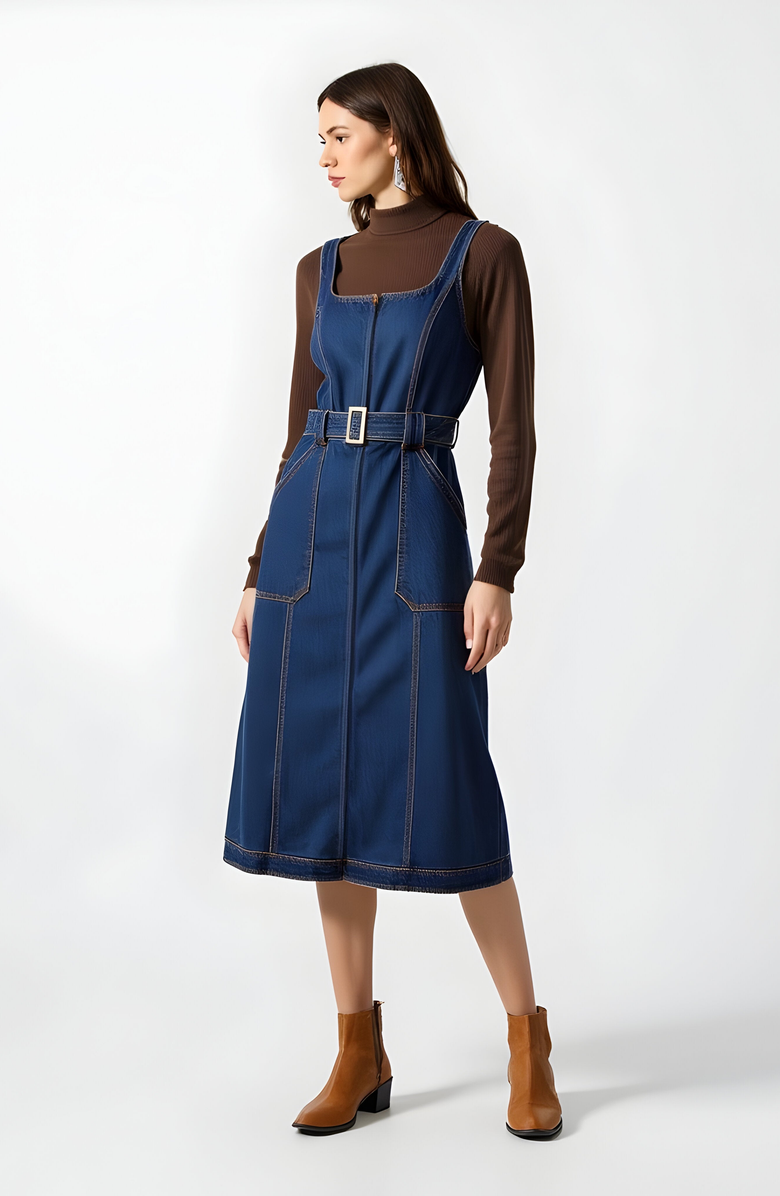 Modenaire Denim Midi Dress with Belt and Zip Front, Alternate, color, Blue