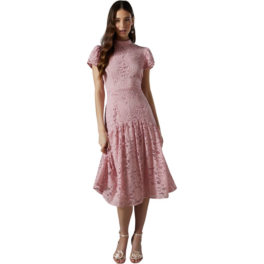 Coast Lace Frill Sleeve High Neck Midi Dress In Pink
