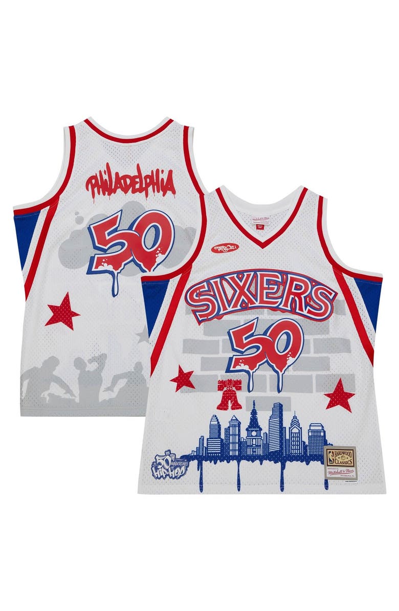 Mitchell & Ness Men's Mitchell & Ness x Tats Cru White Philadelphia 76ers Hardwood Classics Fashion Jersey, Main, color, White
