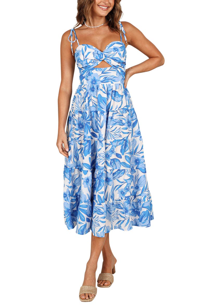 Rose Floral Tie Strap Tiered Midi Dress, Main, color, BLUE/ WHITE
