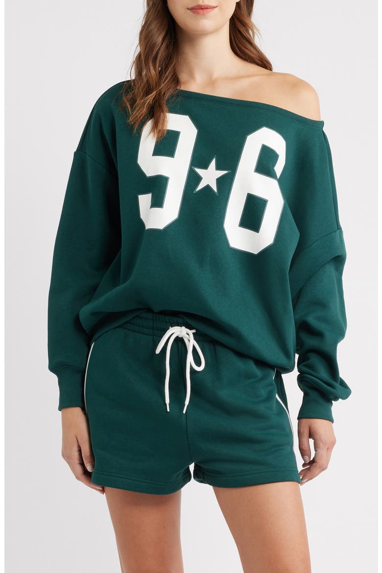 Off the Shoulder Graphic Sweatshirt, Main, color, GREEN