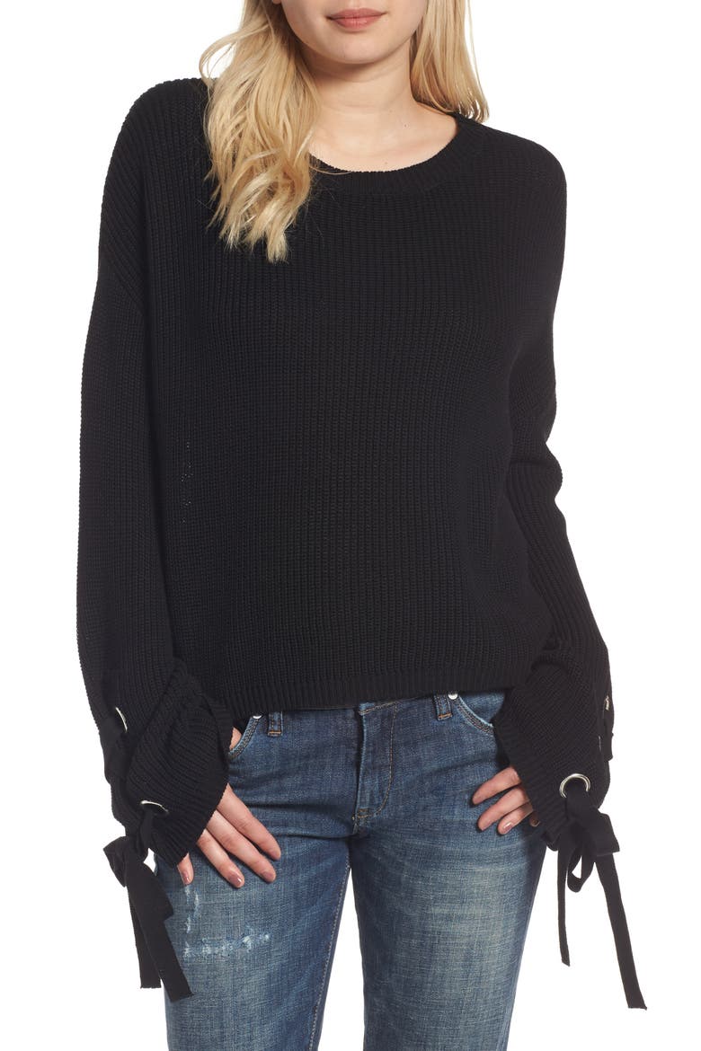 Grommet Sleeve Pullover, Main, color, BLACK