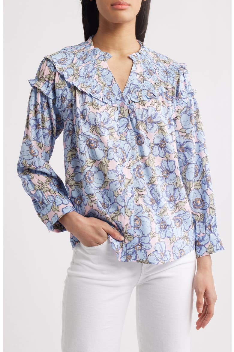 Floral Print Smocked Yoke Button-Up Top, Main, color, ROSE BLOOM/ BLUE CRUSH MULTI