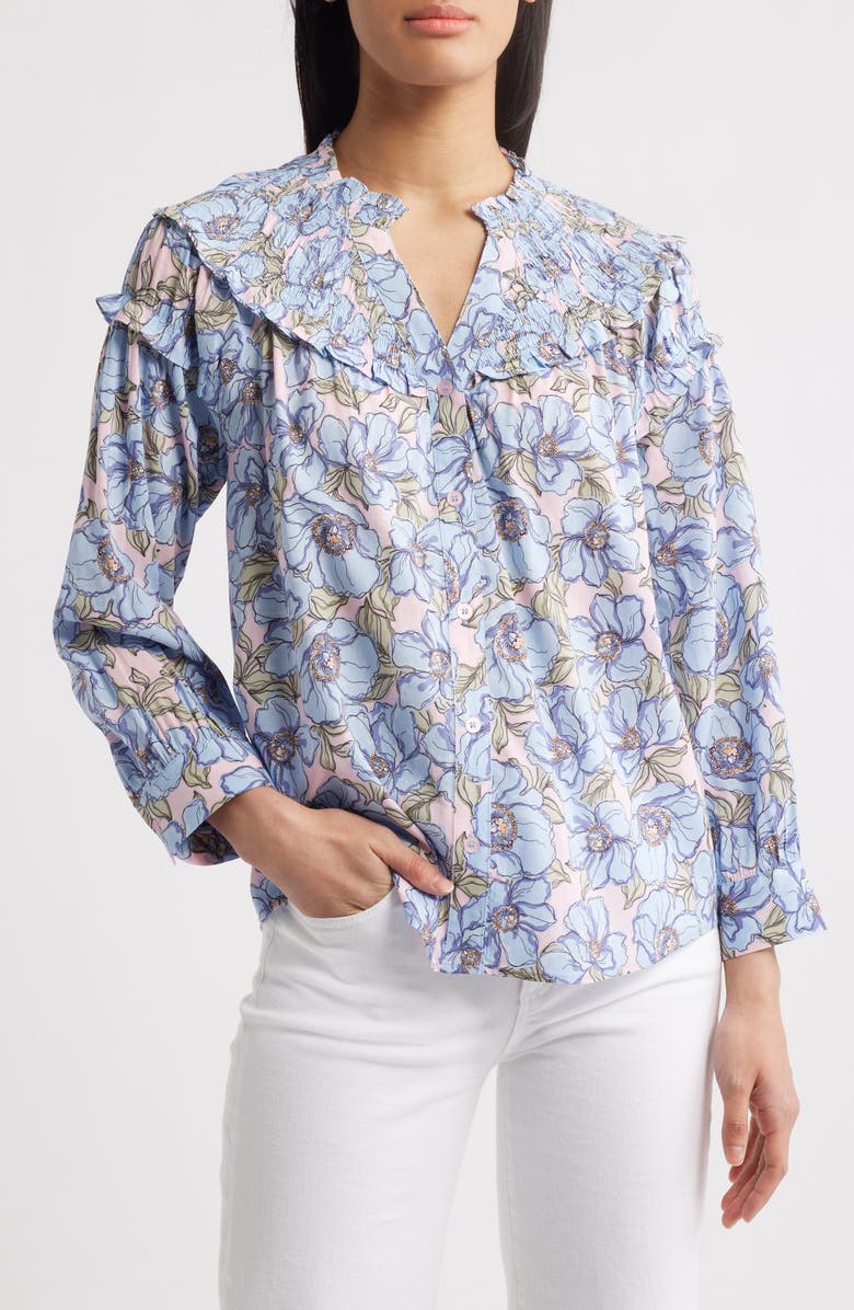 Wit & Wisdom Floral Print Smocked Yoke Button-Up Top, Main, color, Rose Bloom/ Blue Crush Multi