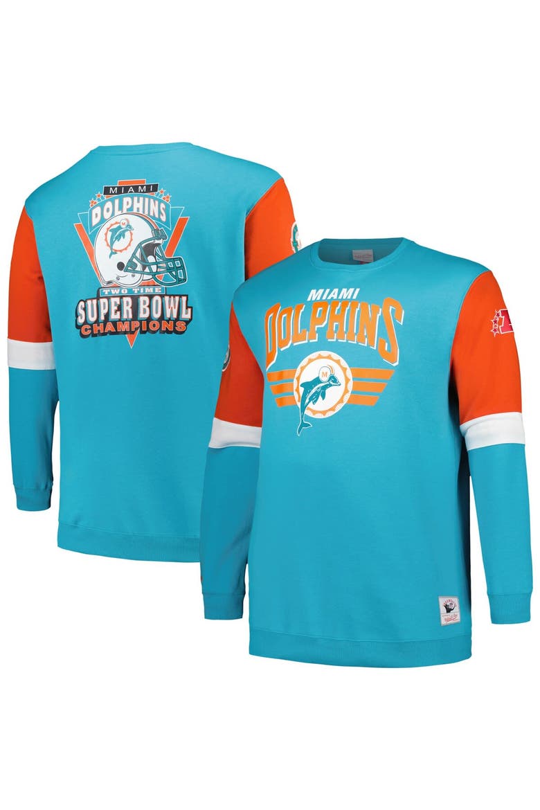 Men's Mitchell & Ness Aqua Miami Dolphins Big & Tall Fleece Pullover Sweatshirt, Alternate, color, Aqua
