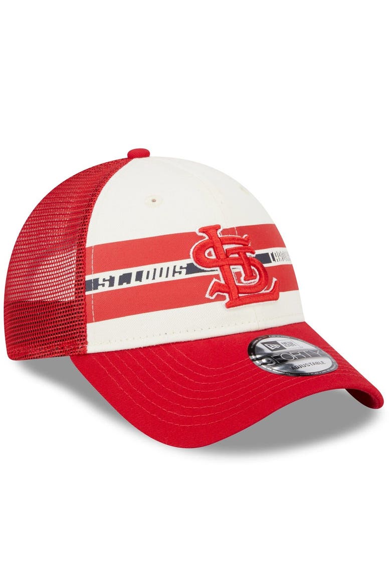 Men's New Era White/Red St. Louis Cardinals Team Stripe Trucker 9FORTY Snapback Hat, Alternate, color, White
