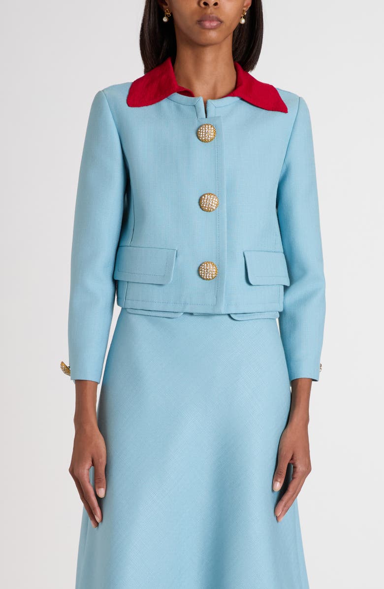 Valentino Garavani Crystal Button Crop Canvas Jacket, Main, color, Grey/ Blue