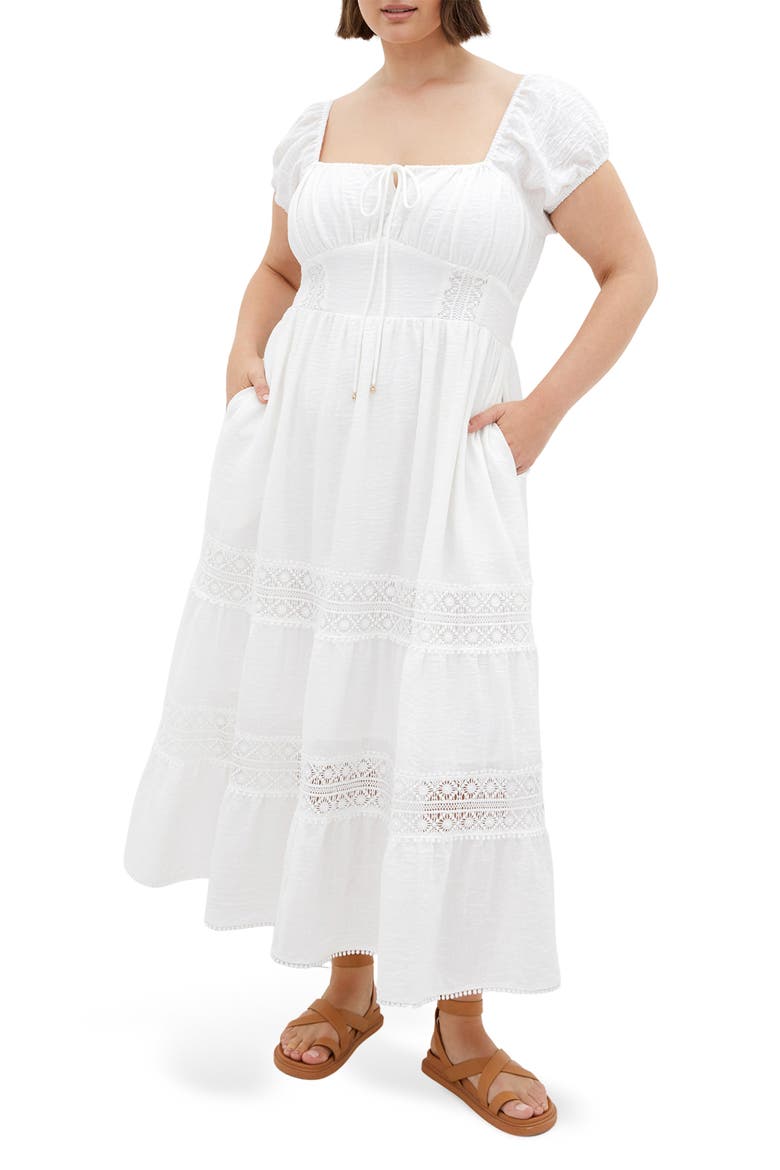 Haven Lace Inset Puff Sleeve Midi Dress, Main, color, IVORY