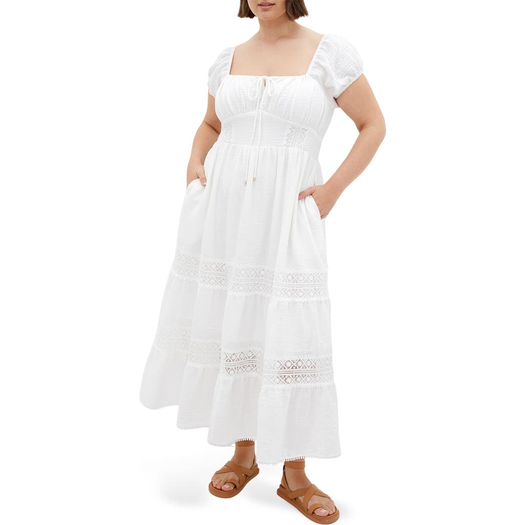 City Chic Haven Lace Inset Puff Sleeve Midi Dress In White