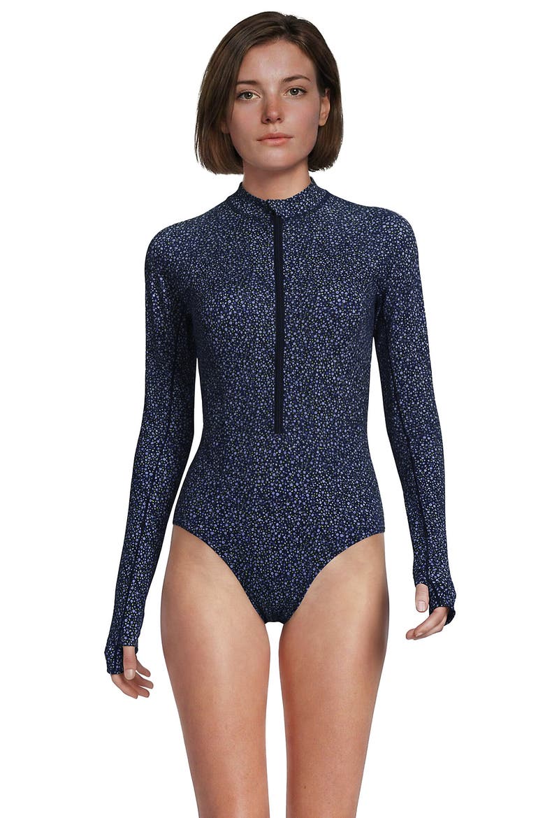 Chlorine Resistant Zip Front Long Sleeve Tugless Sporty One Piece Swimsuit, Alternate, color, Navy/Blue Ditsy Floral