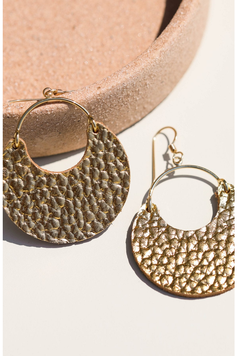 Ninas Leather Earrings, Alternate, color, Hammered Gold