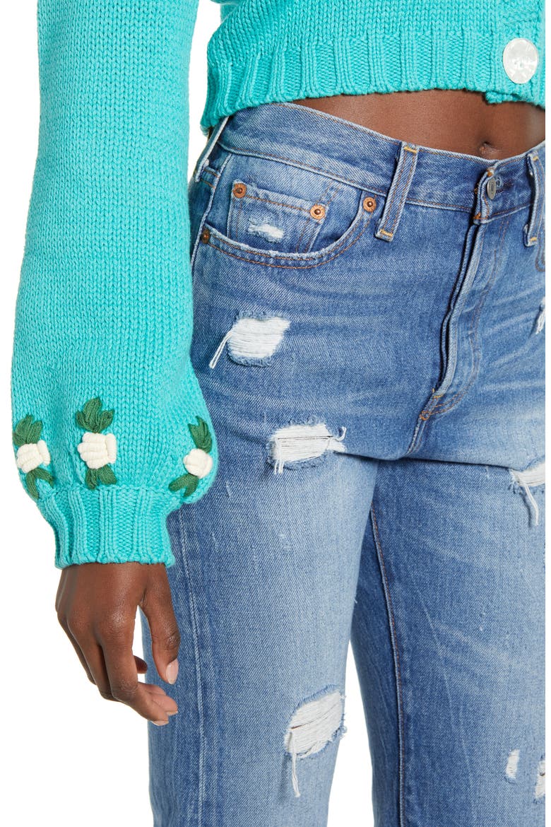Tegan Floral Crop Cardigan Sweater, Alternate, color, TEAL