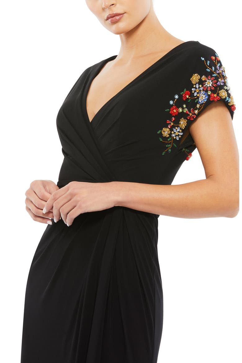 Embellished Cap Sleeve Jersey Wrap Gown, Alternate, color, Black Multi