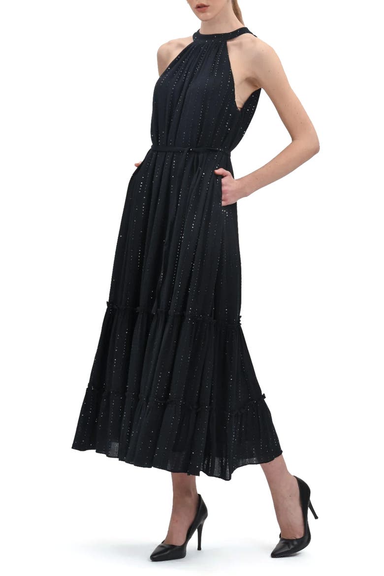 Moonlit Halter Neck Tiered Cotton Maxi Dress, Alternate, color, BLACK