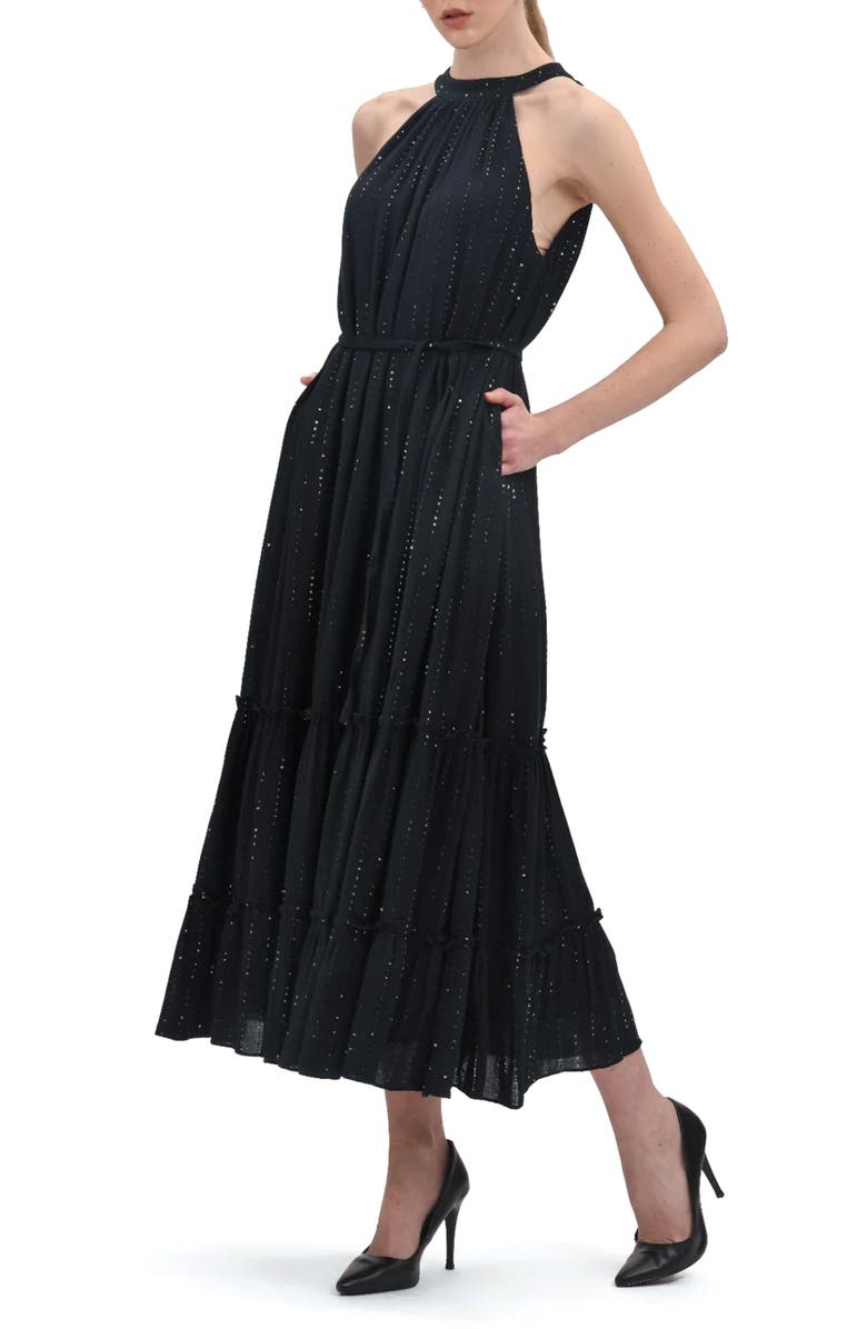 Celina Moon Moonlit Halter Neck Tiered Cotton Maxi Dress, Alternate, color, Black