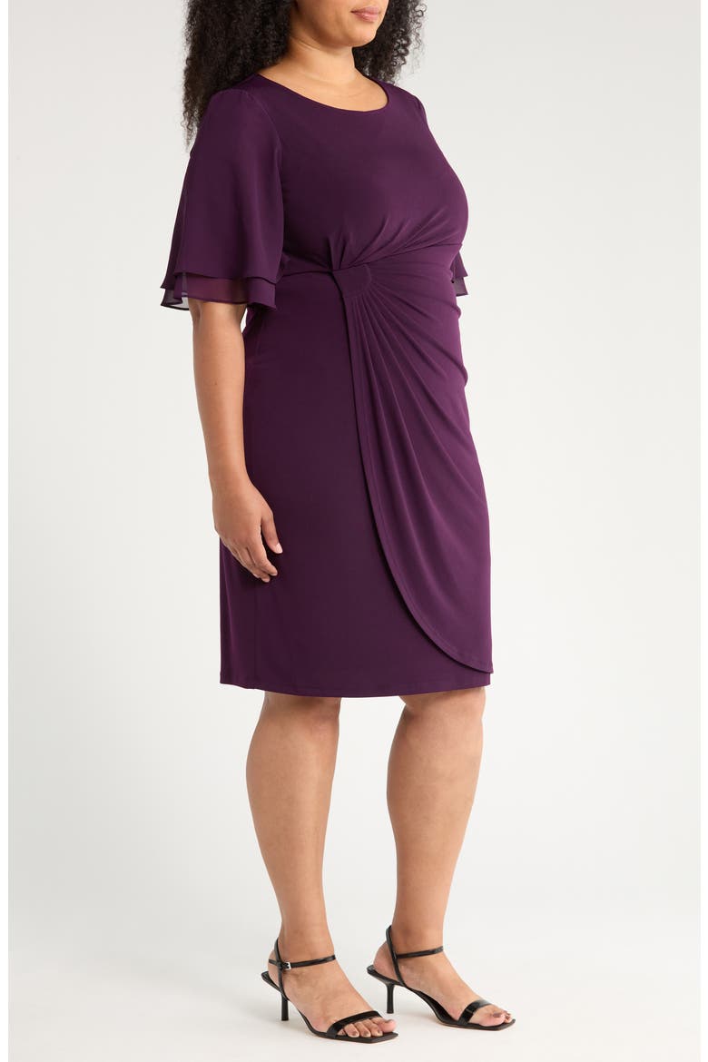 Double Flutter Sleeve Faux Wrap Dress, Alternate, color, AUBERGINE/ GOLD