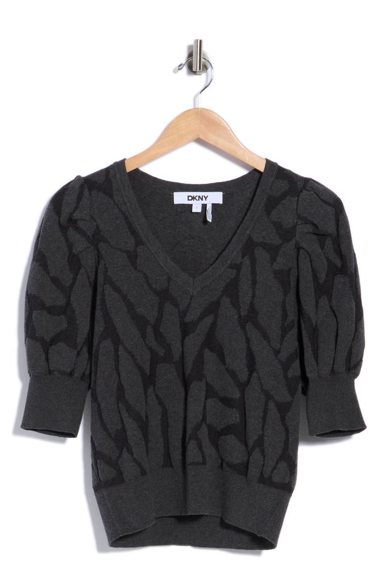 Puff Sleeve Textured V-Neck Sweater, Main, color, BLACK