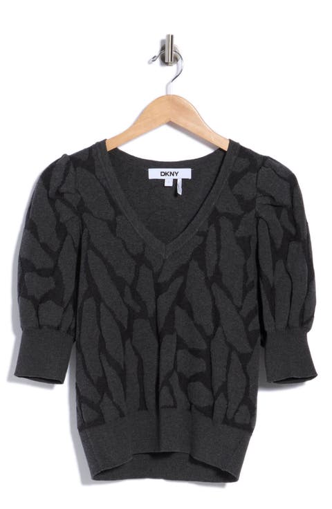 Puff Sleeve Textured V-Neck Sweater