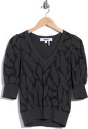 DKNY Puff Sleeve Textured V-Neck Sweater