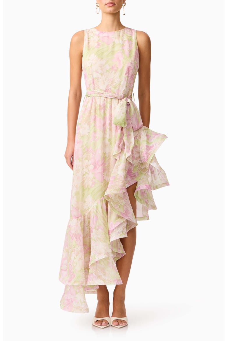 Lacinda Ruffle Tie Waist Asymmetric Gown, Main, color, IVORY MULTI