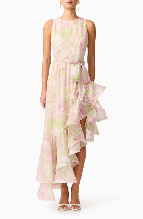 Elliatt Lacinda Ruffle Tie Waist Asymmetric Gown In Ivory Multi
