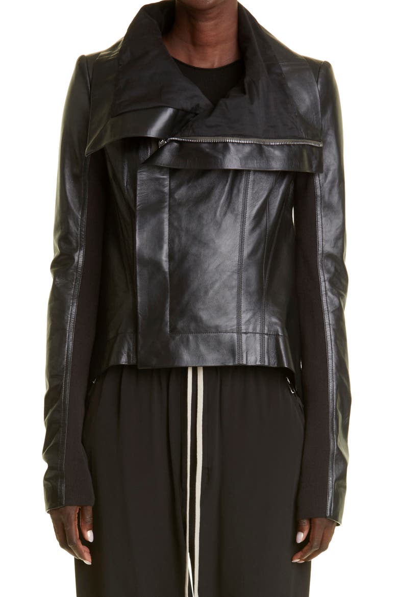 Women's Asymmetric Hem Mixed Media Moto Jacket, Main, color, BLACK