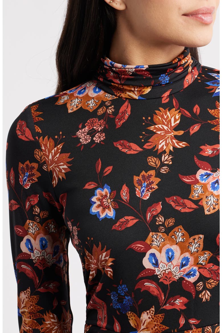 Floral Mock Neck Long Sleeve Midi Dress, Alternate, color, BLACK MULTI